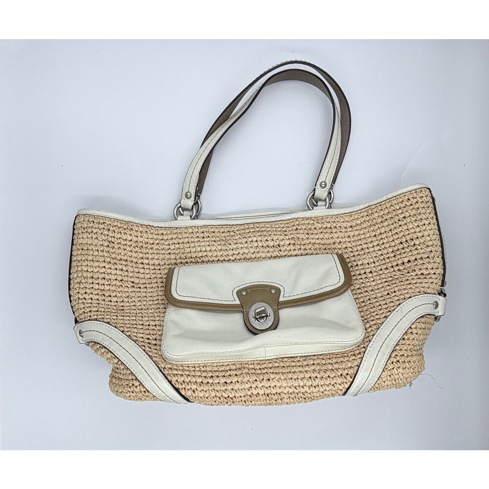 Coach Legacy Woven Raffia Straw Tote White Leather Trim Shoulder Bag Large